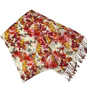 Beachy Boho floral scarf wrap shawl lightweight fringed orange yellow floral